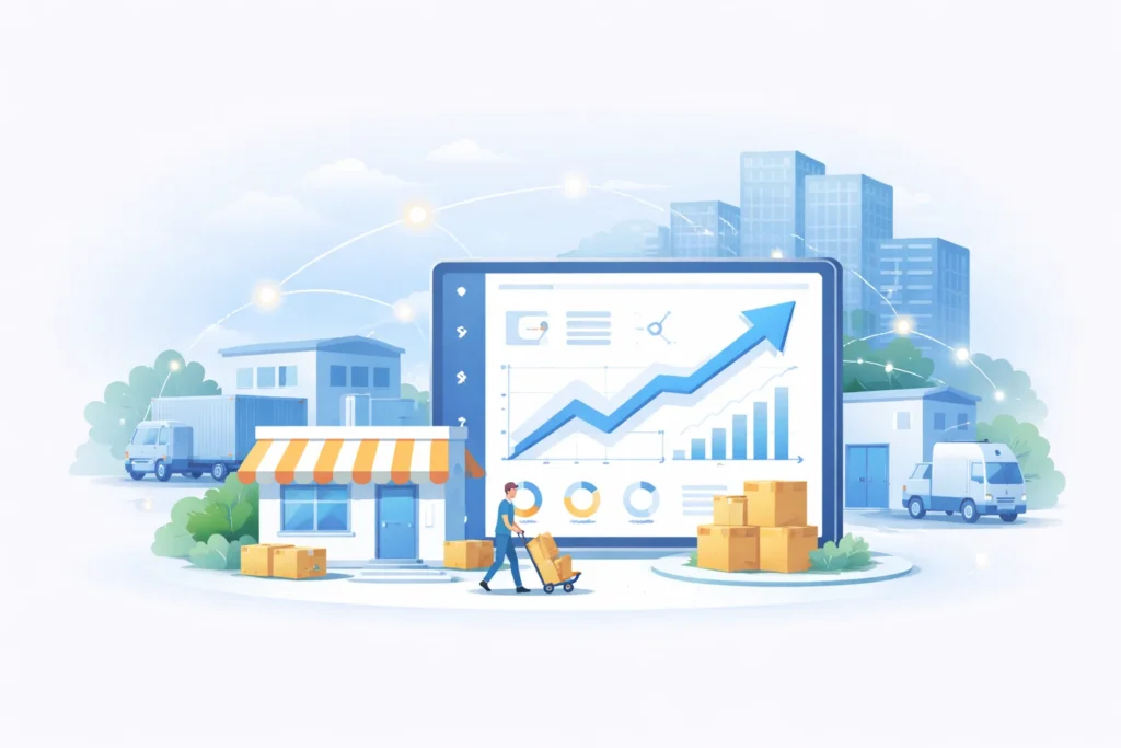 Illustration showing businesses of different sizes scaling operations using a centralized shipment tracking dashboard