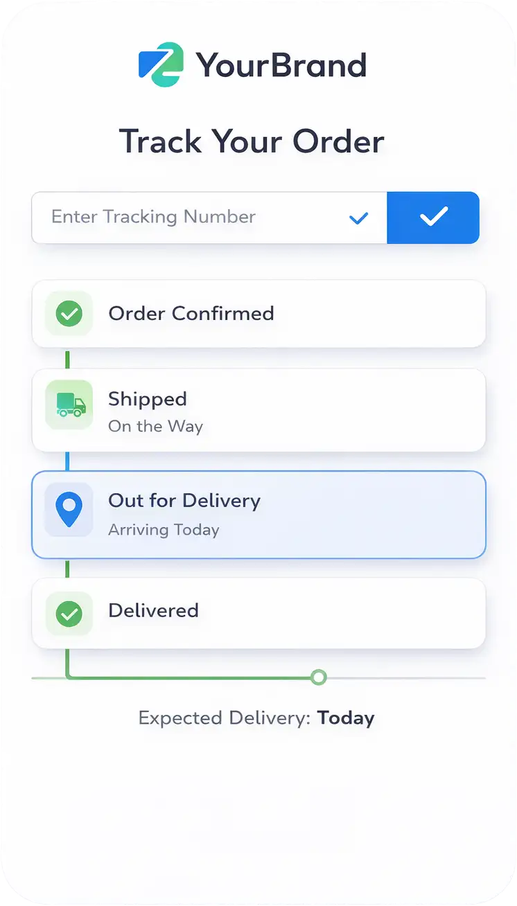 Modern branded tracking dashboard UI showing order ID, courier, status, last update, and ETA with real-time shipment status badges