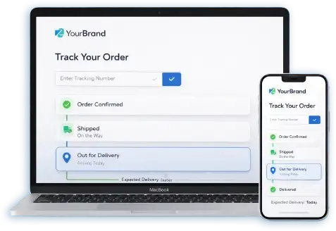 Branded tracking page displayed on laptop and mobile showing shipment tracking timeline and real-time order status