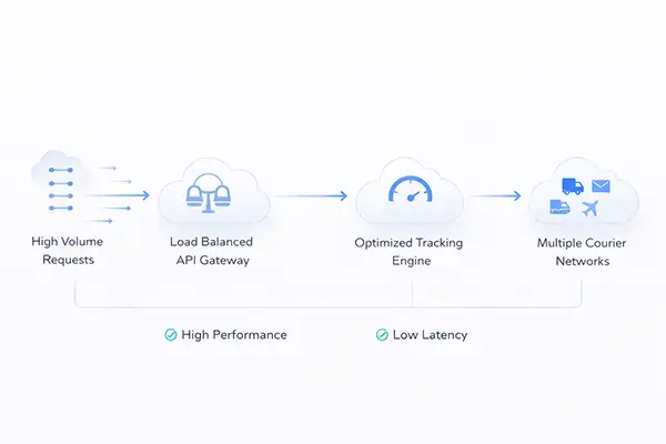 Cloud infrastructure diagram showing high volume requests handled by load balanced API gateway, optimized tracking engine, and multiple courier networks for fast shipment tracking