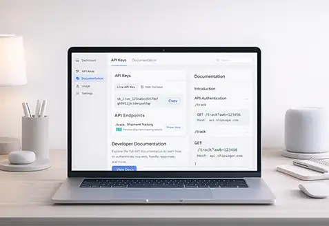 Developer workspace showing shipment tracking API integration dashboard with API keys, endpoints, and documentation interface on laptop screen