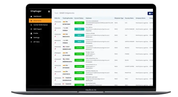 Close-up of shipment tracking dashboard showing all shipments view with real-time status updates in a clean SaaS interface
