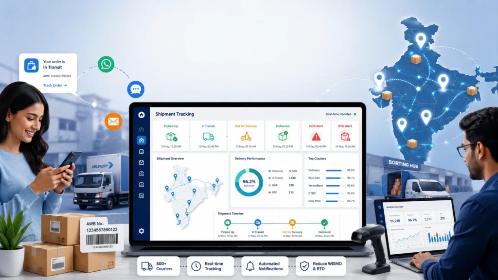 Parcel delivery tracking dashboard showing real-time shipment tracking, courier status updates, delivery notifications, and multi-courier logistics management for Indian eCommerce businesses.
