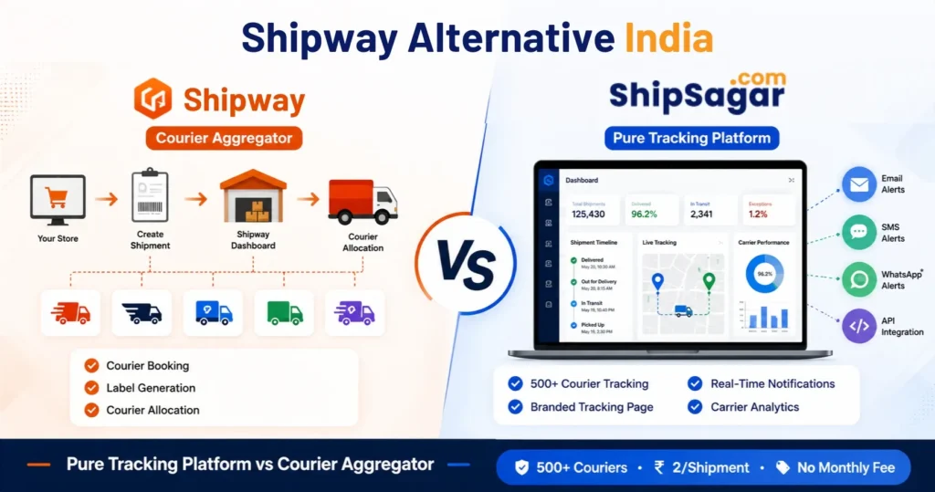 ShipSagar vs Shipway comparison showing Pure Tracking Platform vs Courier Aggregator with 500+ courier tracking, branded tracking page, real-time notifications, and courier booking workflow.
