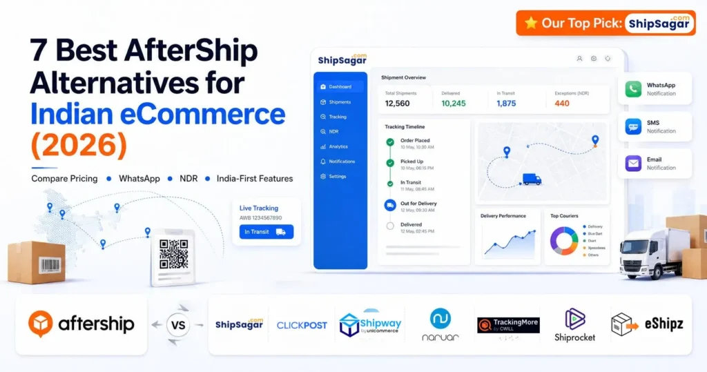 Comparison of the best AfterShip alternatives for Indian eCommerce in 2026, featuring ShipSagar, ClickPost, Shipway, Narvar, TrackingMore, Shiprocket, and eShipz with shipment tracking dashboard and logistics features.