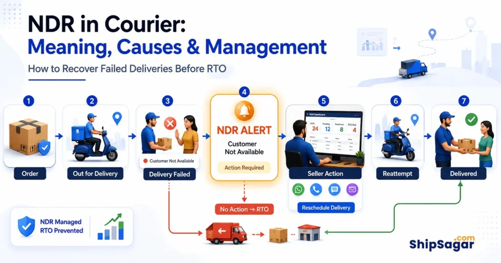 NDR in courier delivery showing failed delivery, NDR alert, seller action, reattempt and RTO prevention