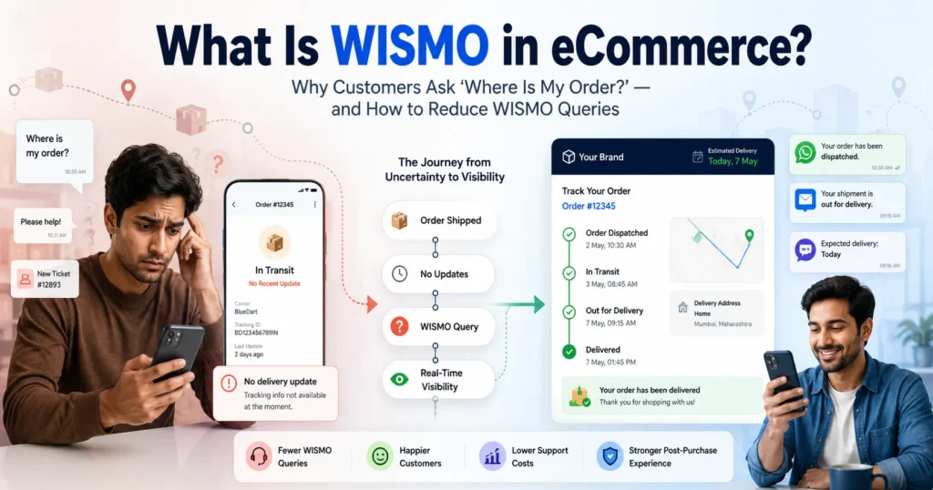 WISMO in eCommerce showing a confused customer with no shipment updates on one side and real-time order tracking with proactive delivery notifications on the other
