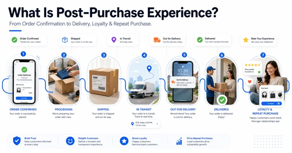 Post-purchase experience in eCommerce showing the customer journey from order confirmation and shipment to delivery, loyalty, and repeat purchase